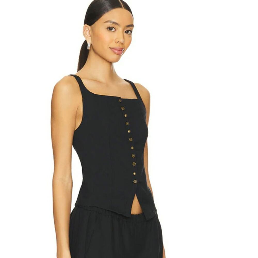 Free People Black Vest Top XS "A Moment in Time" Corset Tie Detailed Buttons NEW
